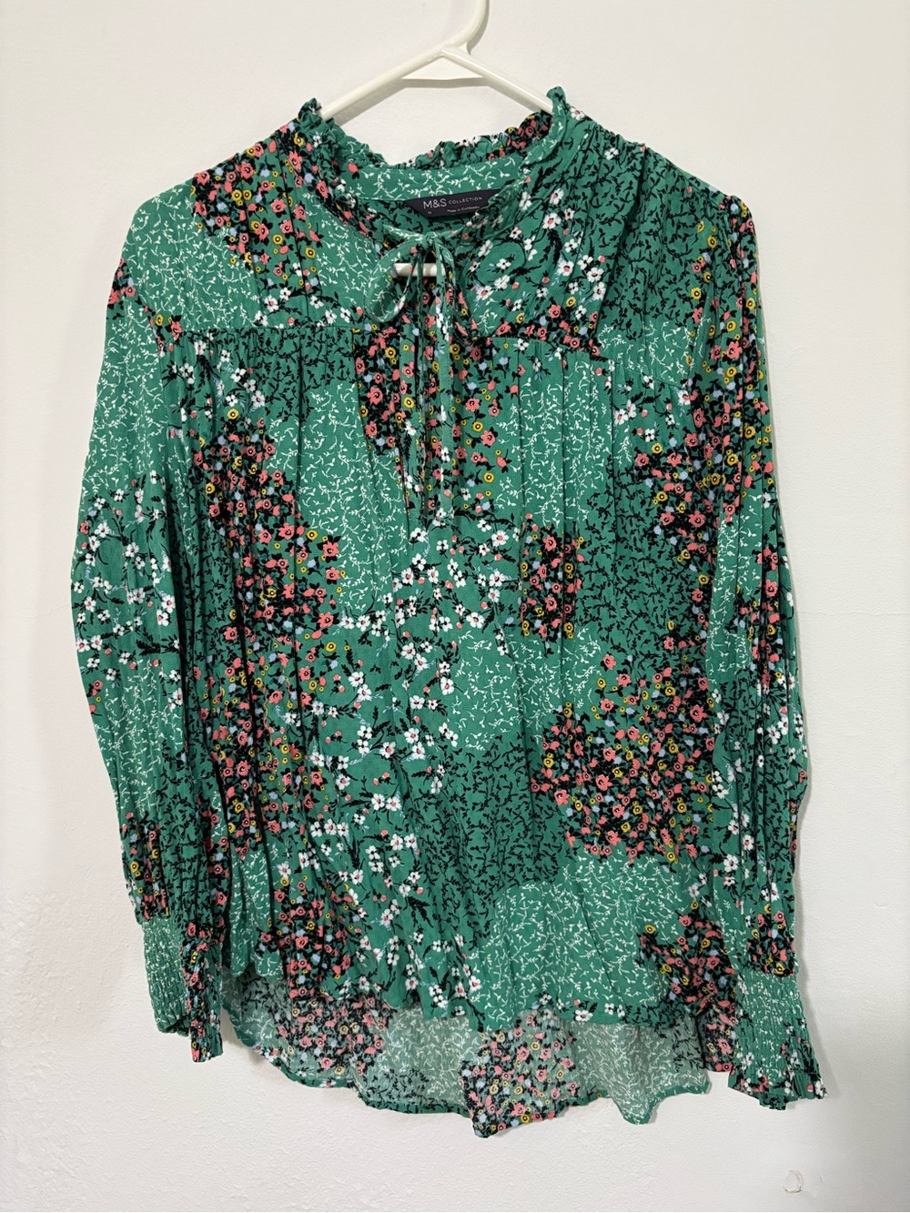 Green Floral Ruffled Tie-Neck Blouse